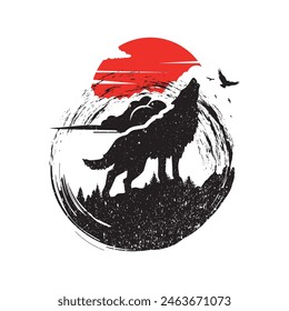 Abstract silhouette design of howling wolf with black brush strokes