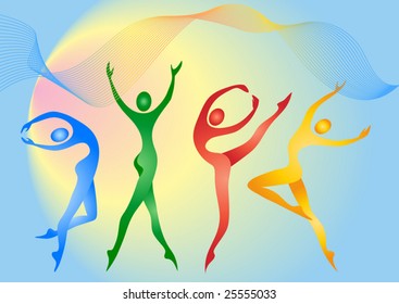 Abstract silhouette of different color gymnasts