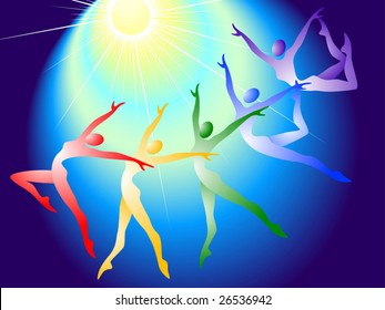Abstract silhouette of different color gymnasts