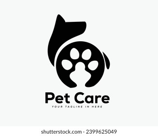 abstract silhouette dog with foot paw print on body logo design template illustration inspiration