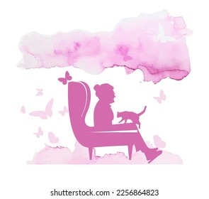 Abstract silhouette of an elderly woman is reading with a cat. Pink watercolor. Vector illustration