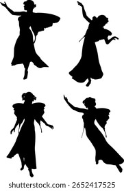 Silhueta abstrata de fada etérea com asas de borboleta em vestido longo vibrante, arte de fantasia mística, elegância escura, figura encantadora. Fada mágica em estilo cartoon, silhueta preta abstrata.
