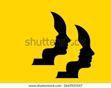 Abstract silhouette faces in profile forming a creative composition on bright yellow background. Modern minimal design concept for psychology, communication, teamwork, and human interaction themes.