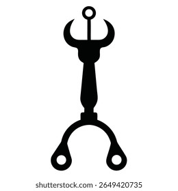 Uma silhueta abstrata apresenta um objeto bizarro com círculos e linhas curvas, definido contra um pano de fundo plano, criando um símbolo minimalista marcante e único.