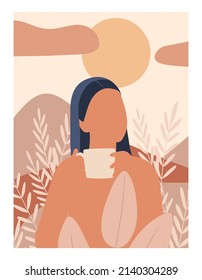 Abstract silhouette of female figure and cup on beige background. Portrait of woman in pastel colors for wall decoration, cover, poster.The concept of breakfast with coffee