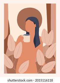 Abstract silhouette of a female shape and a mug on a retro background. Portrait of a woman in pastel colors for wall decoration, cover, poster.The concept of breakfast with coffee