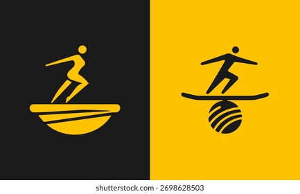 Figuras de silhueta abstratas balanceando em formas geométricas contra fundos amarelos e pretos contrastantes