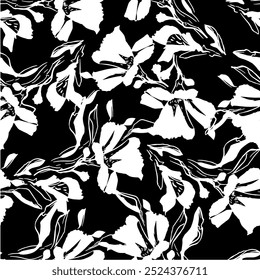 Abstractas silueta floral Dibujo de dos flores de color y hojas Patrón de Vector sin costuras Fondo aislado Patrón floral de Vector sin costuras en estilo hawaiano con flor grande. Patrón de flor de silueta