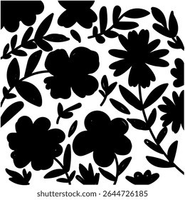 Abstract silhouette Flowers pattaten. Black and white floral silhouette collection of various flowers for design fabrics, print and decoration elements.
