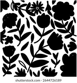 Abstract silhouette Flowers pattaten. Black and white floral silhouette collection of various flowers for design fabrics, print and decoration elements.