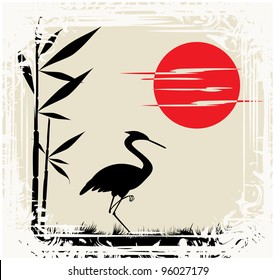 Abstract silhouette of a framework consisting of bamboo sprout and heron