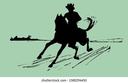 Abstract silhouette of a galloping horse rider on a colored background, hand drawing