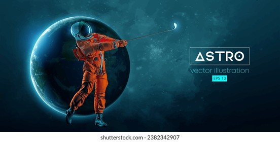 Silhouette abstracta de un jugador de golf en acción espacial y Tierra, Marte, planetas en el fondo del espacio. El astronauta golfista golpea la pelota. 3.ª representación