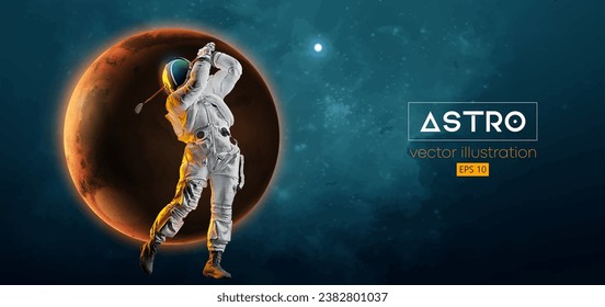 Abstract silhouette of a golf player in space action and Earth, Mars, planets on the background of the space. Golfer astronaut man hits the ball. 3d render