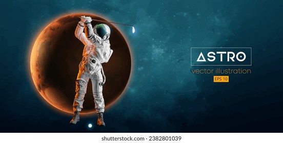 Abstract silhouette of a golf player in space action and Earth, Mars, planets on the background of the space. Golfer astronaut man hits the ball. 3d render