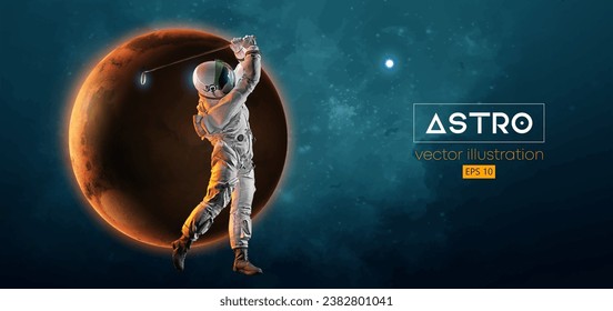 Abstract silhouette of a golf player in space action and Earth, Mars, planets on the background of the space. Golfer astronaut man hits the ball. 3d render