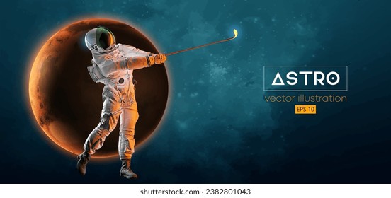 Silhouette abstracta de un jugador de golf en acción espacial y Tierra, Marte, planetas en el fondo del espacio. El astronauta golfista golpea la pelota. 3.ª representación