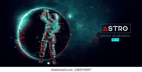 Abstract silhouette of a golf player in space action and Earth, Mars, planets on the background of the space. Golfer astronaut man hits the ball. 3d render
