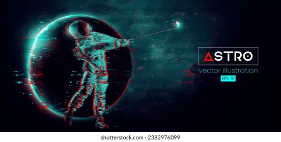 Silhouette abstracta de un jugador de golf en acción espacial y Tierra, Marte, planetas en el fondo del espacio. El astronauta golfista golpea la pelota. 3.ª representación