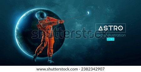 Abstract silhouette of a golf player in space action and Earth, Mars, planets on the background of the space. Golfer astronaut man hits the ball. 3d render