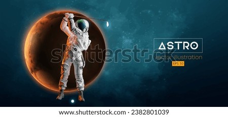 Abstract silhouette of a golf player in space action and Earth, Mars, planets on the background of the space. Golfer astronaut man hits the ball. 3d render