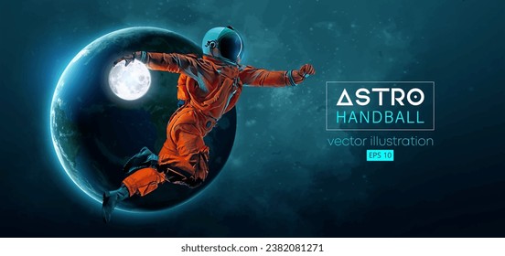 Abstrakte Silhouette eines Handballspielers Astronaut in Weltraum-Action und Erde, Mondplaneten auf dem Hintergrund des Raumes. 3D-Rendering. Vektorgrafik