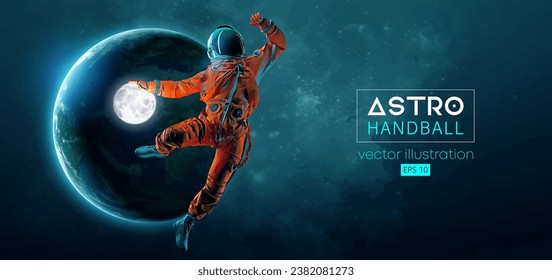 Abstrakte Silhouette eines Handballspielers Astronaut in Weltraum-Action und Erde, Mondplaneten auf dem Hintergrund des Raumes. 3D-Rendering. Vektorgrafik