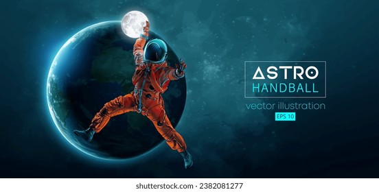 Abstrakte Silhouette eines Handballspielers Astronaut in Weltraum-Action und Erde, Mondplaneten auf dem Hintergrund des Raumes. 3D-Rendering. Vektorgrafik