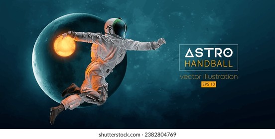 Silueta abstracta de un astronauta jugador de balonmano en acción espacial y Tierra, planetas de la luna en el fondo del espacio. 3 quinquies. Ilustración del vector