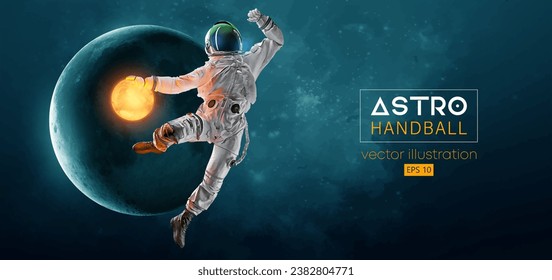 Abstrakte Silhouette eines Handballspielers Astronaut in Weltraum-Action und Erde, Mondplaneten auf dem Hintergrund des Raumes. 3D-Rendering. Vektorgrafik