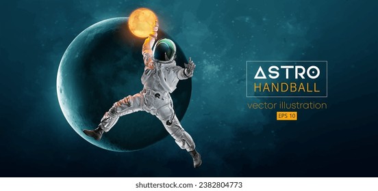 Abstrakte Silhouette eines Handballspielers Astronaut in Weltraum-Action und Erde, Mondplaneten auf dem Hintergrund des Raumes. 3D-Rendering. Vektorgrafik