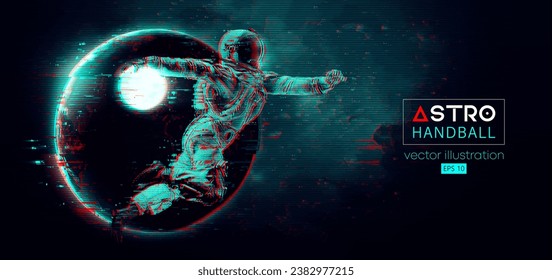 Silueta abstracta de un astronauta jugador de balonmano en acción espacial y Tierra, planetas de la luna en el fondo del espacio. 3 quinquies. Ilustración del vector