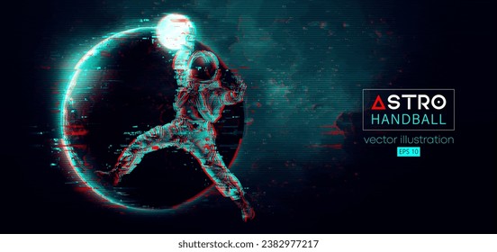 Silueta abstracta de un astronauta jugador de balonmano en acción espacial y Tierra, planetas de la luna en el fondo del espacio. 3 quinquies. Ilustración del vector