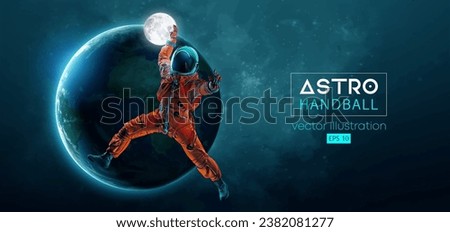 Abstract silhouette of a handball player astronaut in space action and Earth, Moon planets on the background of the space. 3d render. Vector illustration