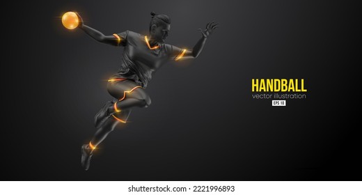 Abstract silhouette of a handball player on black background. Handball player man are throws the ball. Vector illustration