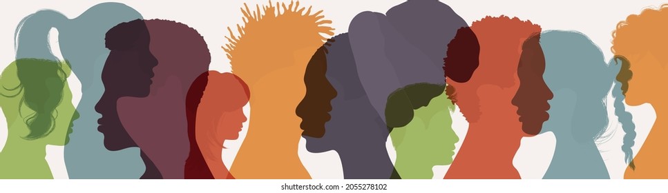 Abstract Silhouette Head Face Of Diverse People In Profile. Friendship Between Multiethnic And Multicultural People. Community Or Teamwork Concept. People Diversity. Multiracial Society