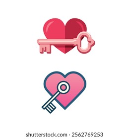 Abstract Silhouette Heart and Key Flat Vector Bundle for Valentine Day in White Background