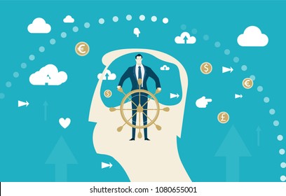 Abstract silhouette of human's head and strong businessmen taking control of the mind, capable of making changes and leading to success. Business concept illustration