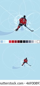 Abstract silhouette of Ice hockey player in blue and white dress, made with circles. Vector image on blue background. Copy of full image for all uses.