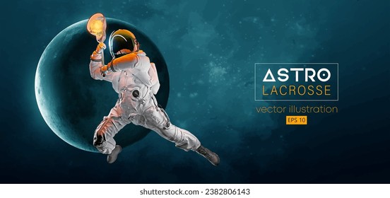 Abstract silhouette of a lacrosse player astronaut in space action and Earth, Mars, planets on the background of the space. Lacrosse player astronaut are throws the ball. Vector 3d render illustration