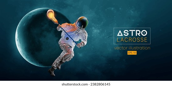 Abstract silhouette of a lacrosse player astronaut in space action and Earth, Mars, planets on the background of the space. Lacrosse player astronaut are throws the ball. Vector 3d render illustration