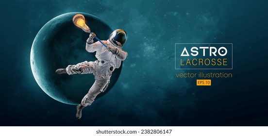 Abstract silhouette of a lacrosse player astronaut in space action and Earth, Mars, planets on the background of the space. Lacrosse player astronaut are throws the ball. Vector 3d render illustration