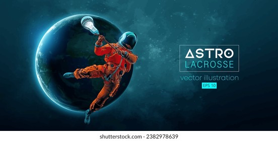 Abstract silhouette of a lacrosse player astronaut in space action and Earth, Mars, planets on the background of the space. Lacrosse player astronaut are throws the ball. Vector 3d render illustration