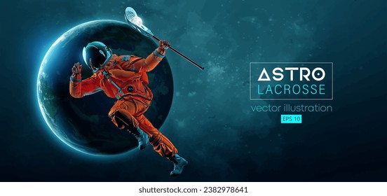 Abstract silhouette of a lacrosse player astronaut in space action and Earth, Mars, planets on the background of the space. Lacrosse player astronaut are throws the ball. Vector 3d render illustration