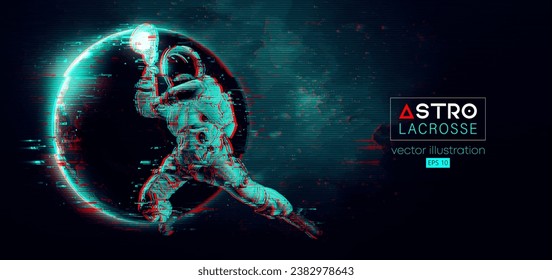 Abstract silhouette of a lacrosse player astronaut in space action and Earth, Mars, planets on the background of the space. Lacrosse player astronaut are throws the ball. Vector 3d render illustration