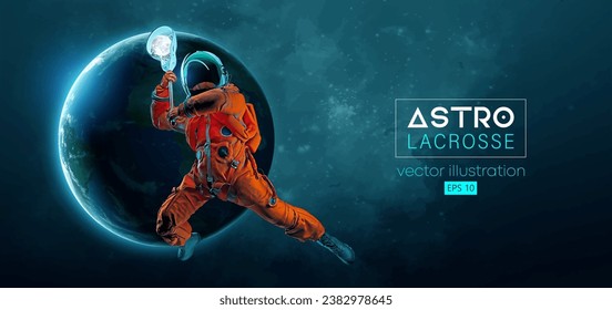 Abstract silhouette of a lacrosse player astronaut in space action and Earth, Mars, planets on the background of the space. Lacrosse player astronaut are throws the ball. Vector 3d render illustration