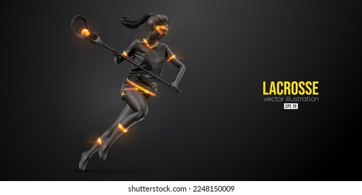 Abstract silhouette of a lacrosse player on black background. Lacrosse player woman are throws the ball. Vector illustration