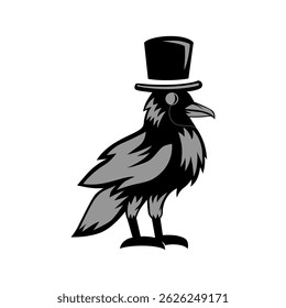 abstract silhouette logo of raven bird with hat vector