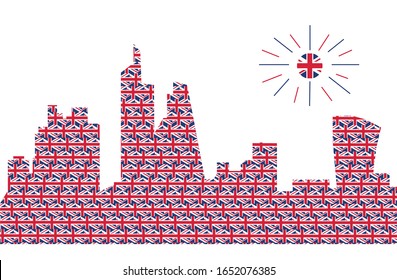 Abstract silhouette of London with a pattern of the British flag on a transparent background.