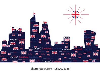 Abstract silhouette of London with a pattern of text and the British flag on a transparent background.